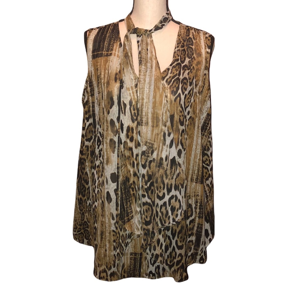 Ashley Stewart Sheer Animal Print Tie Neck Blouse
